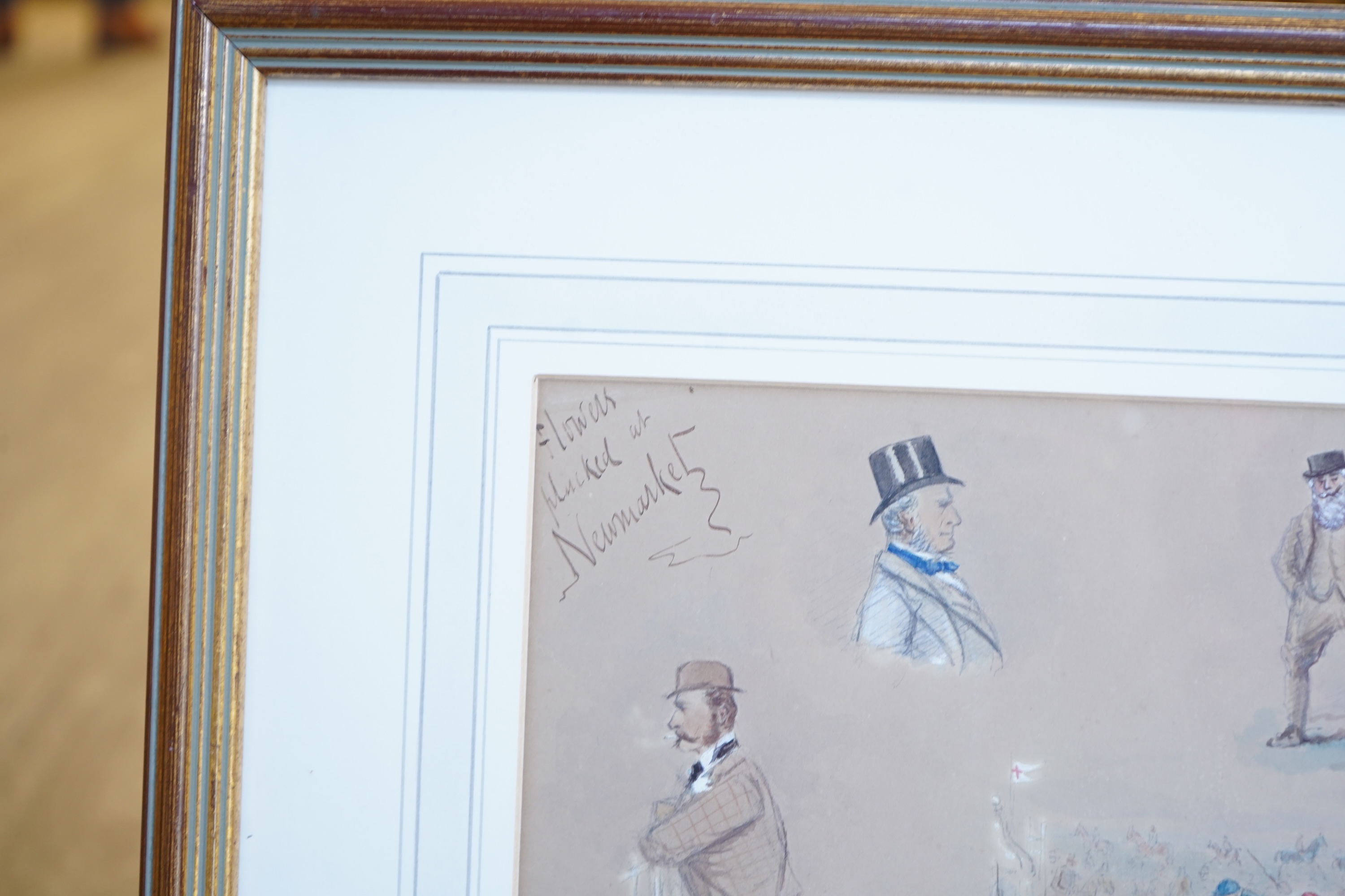 George Finch Mason (1850-1915), ‘Sandown Park, July 27 1888’, ‘The open ditch Grand National Hunt Committee’ and ‘Flowers plucked at Newmarket’, three watercolours, each is signed, largest 30 x 36cm